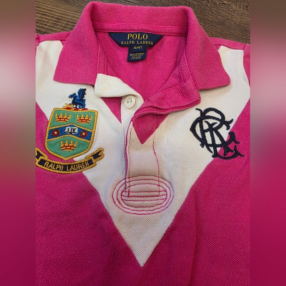 Polo Ralph Lauren Rugby Shirt Girls 4T Pink Crest Logo - Picture 2 of 3